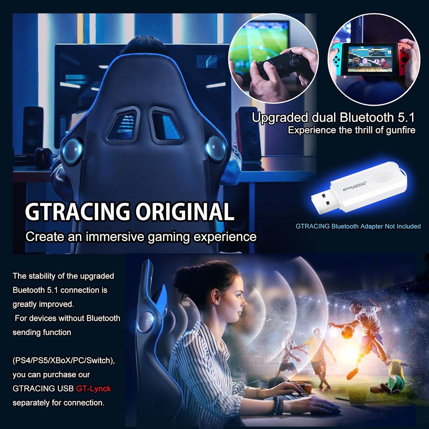 Gaming Chair with Speakers Bluetooth Music Video Game Chair Audio Ergonomic Design Heavy Duty Office Computer Desk Chair(Blue)