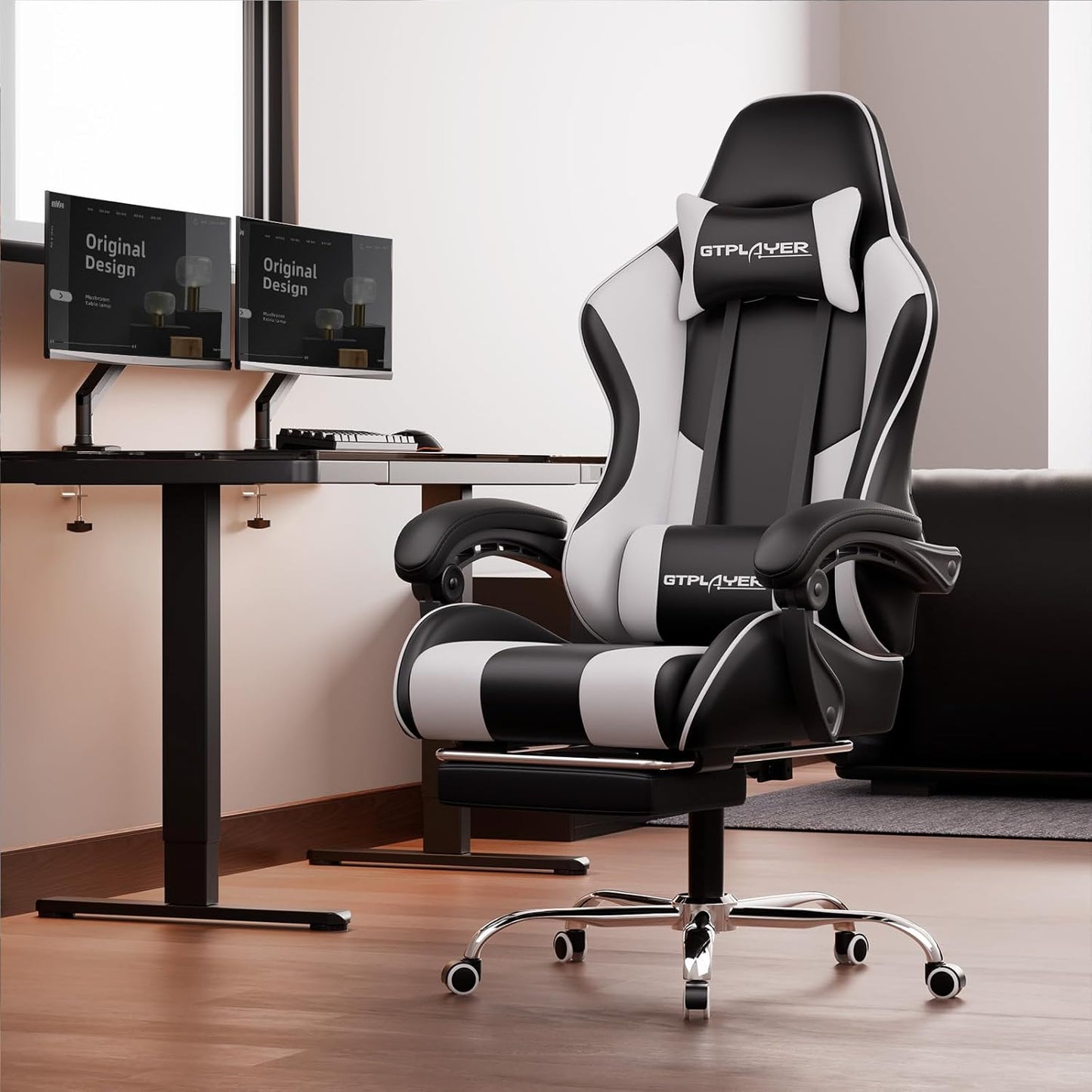 Gaming Chair, Computer Chair with Footrest and Lumbar Support, Height Adjustable Game Chair with 360°-Swivel Seat and Headrest and for Office or Gaming (White)