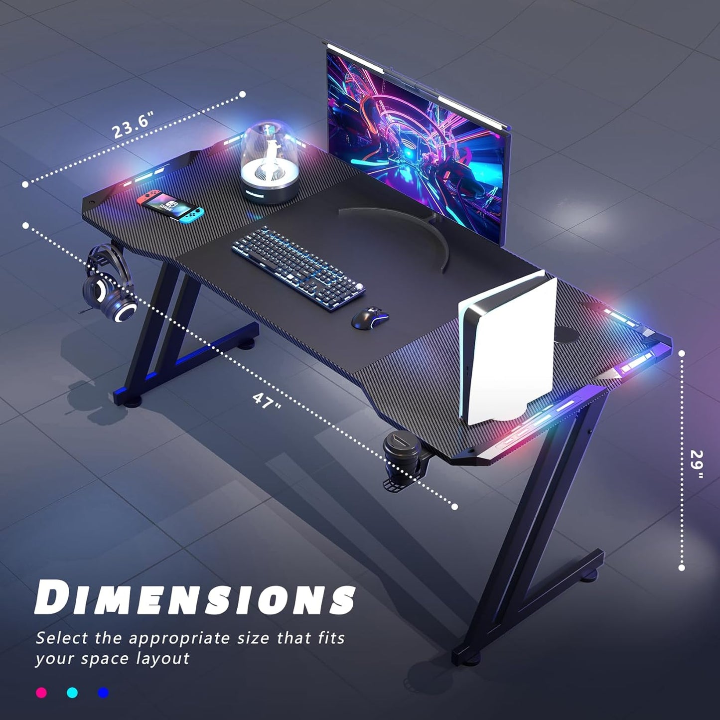 47 Inch Gaming Desk with LED Lights Carbon Fibre Surface Gaming Table Large Computer Desk Ergonomic Home Office Desks Z Shaped PC Gamer Workstations with Cup Holder & Headphone Hook