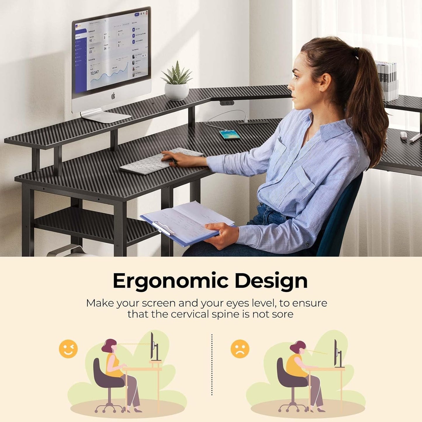 L Shaped Gaming Desk with LED Lights & Power Outlets, 53" Computer Desk with Full Monitor Stand & Storage Shelf, Corner Desk with Hooks, Carbon Fiber Desk Reversible