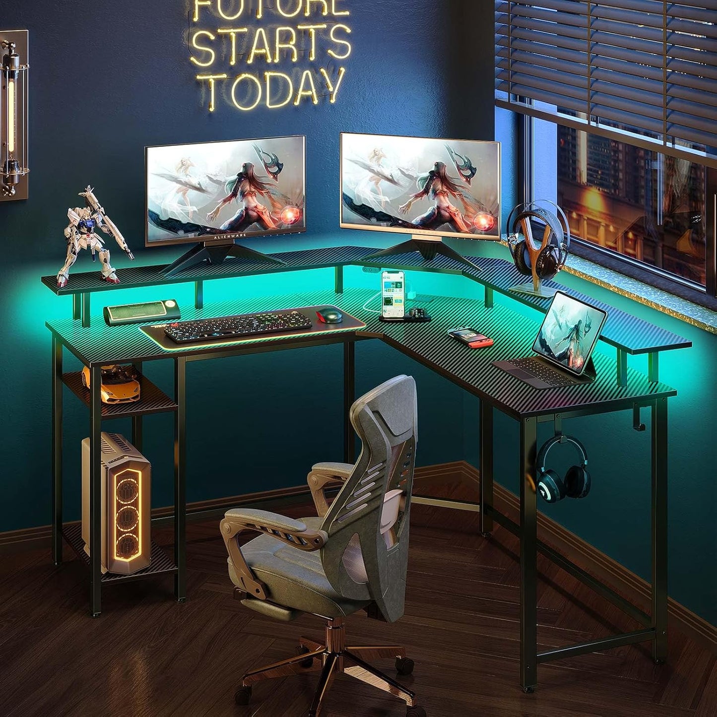 L Shaped Gaming Desk with LED Lights & Power Outlets, 53" Computer Desk with Full Monitor Stand & Storage Shelf, Corner Desk with Hooks, Carbon Fiber Desk Reversible