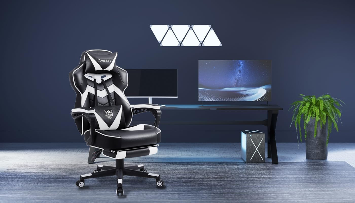 Gaming Chair with Footrest,Computer Chair for High Back and Massage,Big and Tall Gaming Chairs for Adults,Reclining Gamer Chair(Black/White)