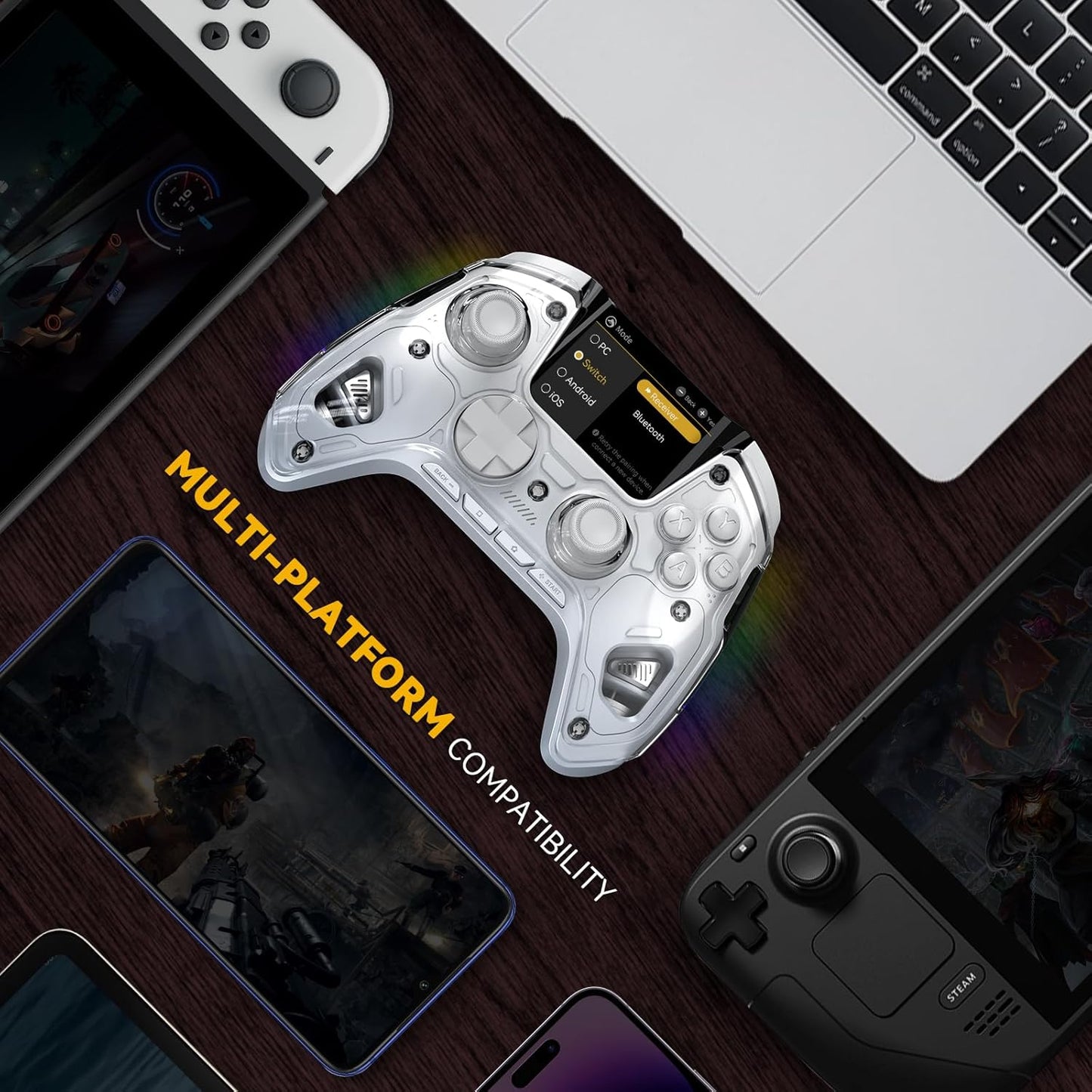 one Interactive Screen Wireless Gaming Controller for Pc/Switch/Ios/Android,Hall Effect Stick & Trigger,Rgb Lighting,Remappable Buttons,1800Mah with Charging Dock (White)