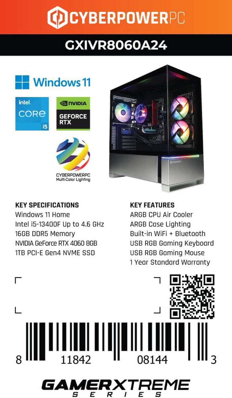 Gamer Xtreme VR Gaming PC, Intel Core I5-13400F 2.5Ghz, Geforce RTX 4060 8GB, 16GB DDR5, 1TB Pcie Gen4 SSD, Wifi Ready & Windows 11 Home (Gxivr8060A24)
