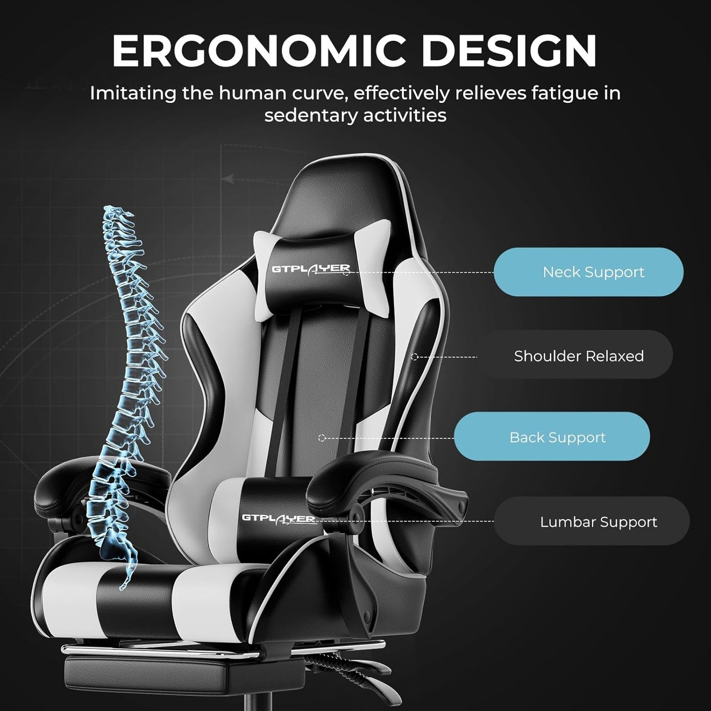 Gaming Chair, Computer Chair with Footrest and Lumbar Support, Height Adjustable Game Chair with 360°-Swivel Seat and Headrest and for Office or Gaming (White)
