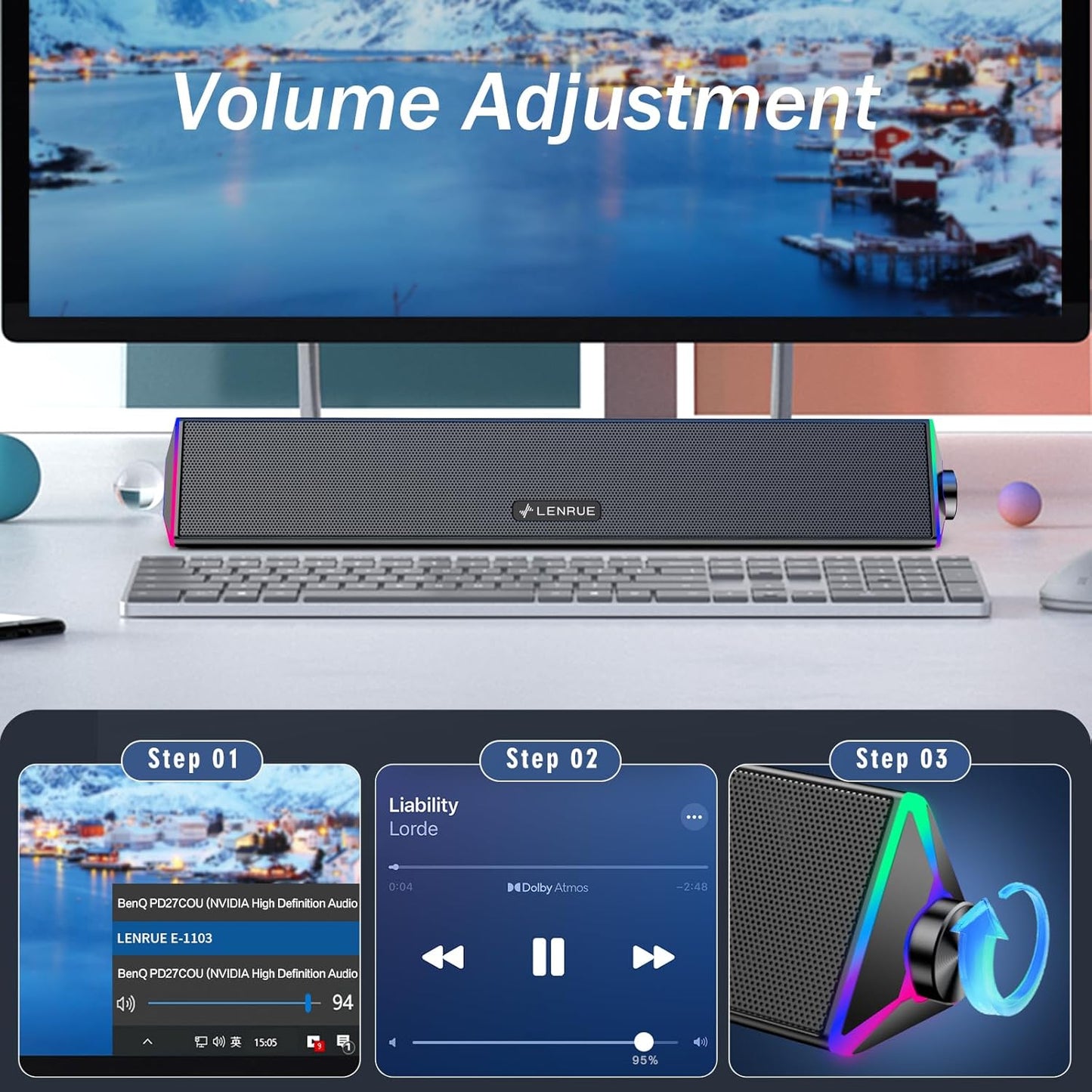 Computer Speakers for Desktop,Pc Speakers with Single USB for Power and Stereo Sound,Touch Lights Gaming Speakers Sound Bar for Desktop PC Monitor Laptop(Usb-C Adapter Included)