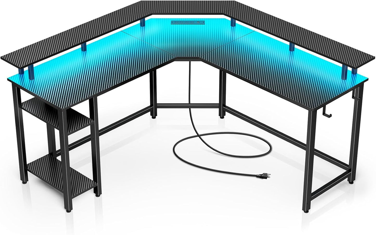 L Shaped Gaming Desk with LED Lights & Power Outlets, 53" Computer Desk with Full Monitor Stand & Storage Shelf, Corner Desk with Hooks, Carbon Fiber Desk Reversible