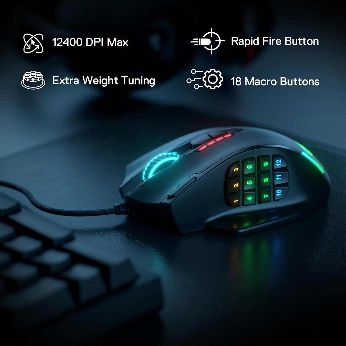 M908 Impact RGB LED MMO Gaming Mouse with 12 Side Buttons, Optical Wired Ergonomic Mouse with Max 12,400DPI, High Precision, 18 Programmable Macro Shortcuts, Comfort Grip