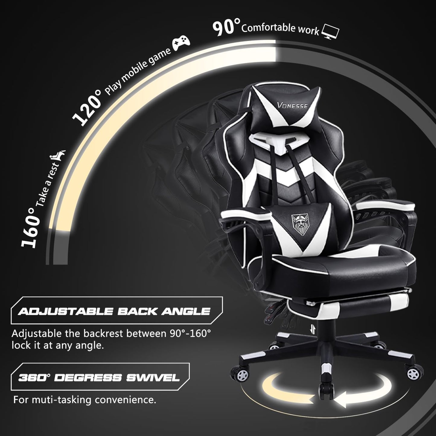 Gaming Chair with Footrest,Computer Chair for High Back and Massage,Big and Tall Gaming Chairs for Adults,Reclining Gamer Chair(Black/White)