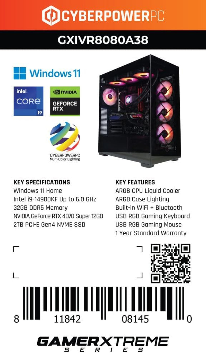 Gamer Xtreme VR Gaming PC, Intel Core I9-14900Kf 3.2Ghz, Geforce RTX 4070 Super 12GB, 32GB DDR5, 2TB Pcie Gen4 SSD, Wifi Ready & Windows 11 Home (Gxivr8080A38)