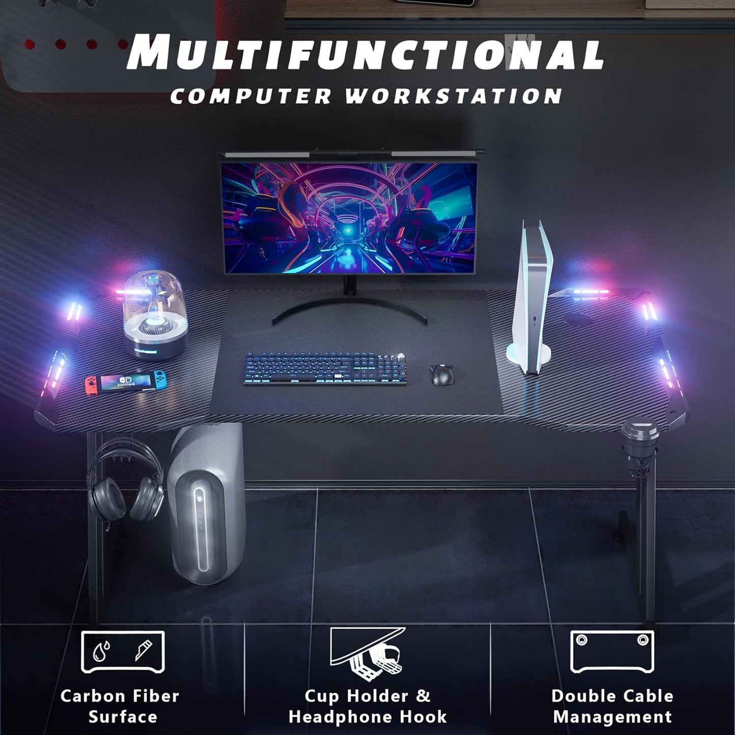 47 Inch Gaming Desk with LED Lights Carbon Fibre Surface Gaming Table Large Computer Desk Ergonomic Home Office Desks Z Shaped PC Gamer Workstations with Cup Holder & Headphone Hook
