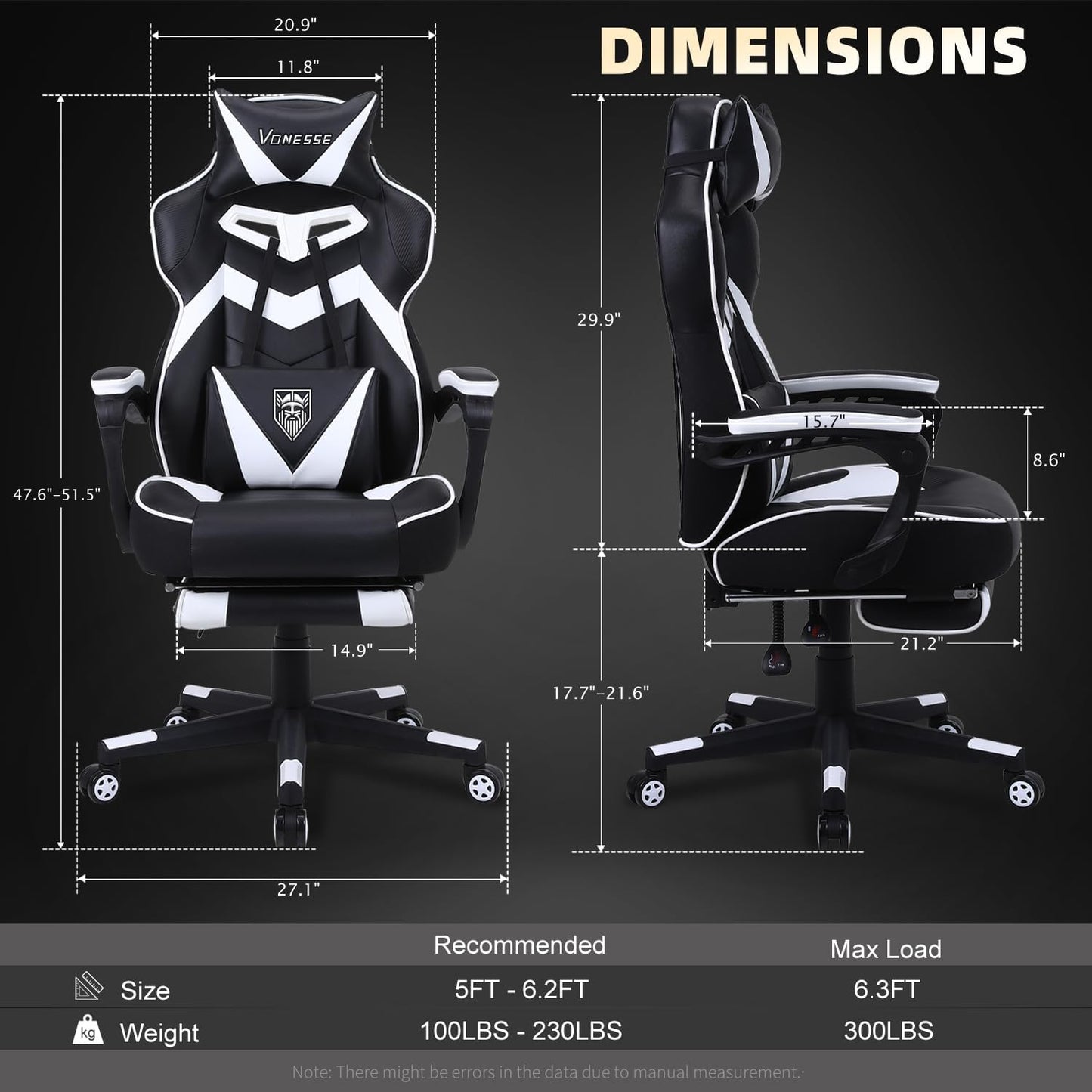 Gaming Chair with Footrest,Computer Chair for High Back and Massage,Big and Tall Gaming Chairs for Adults,Reclining Gamer Chair(Black/White)