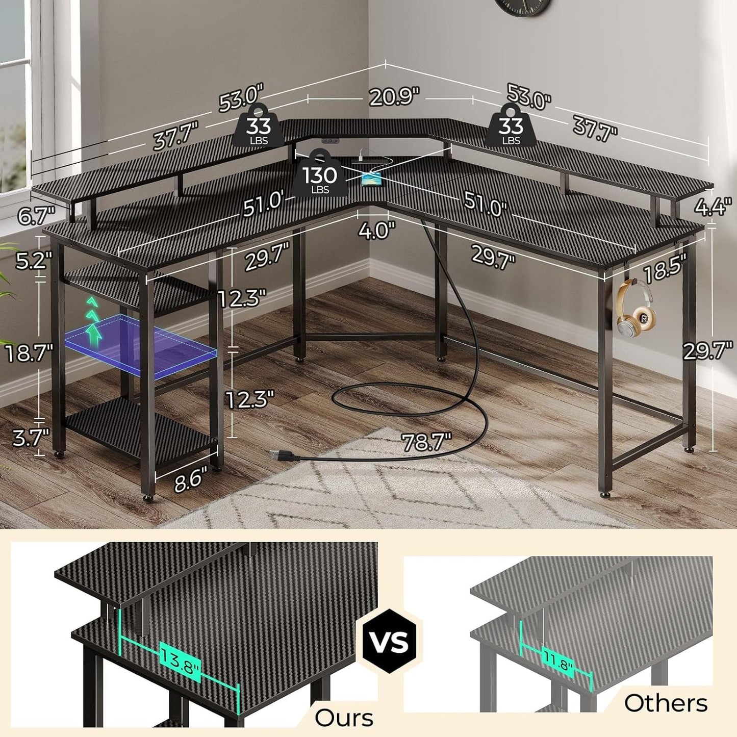 L Shaped Gaming Desk with LED Lights & Power Outlets, 53" Computer Desk with Full Monitor Stand & Storage Shelf, Corner Desk with Hooks, Carbon Fiber Desk Reversible