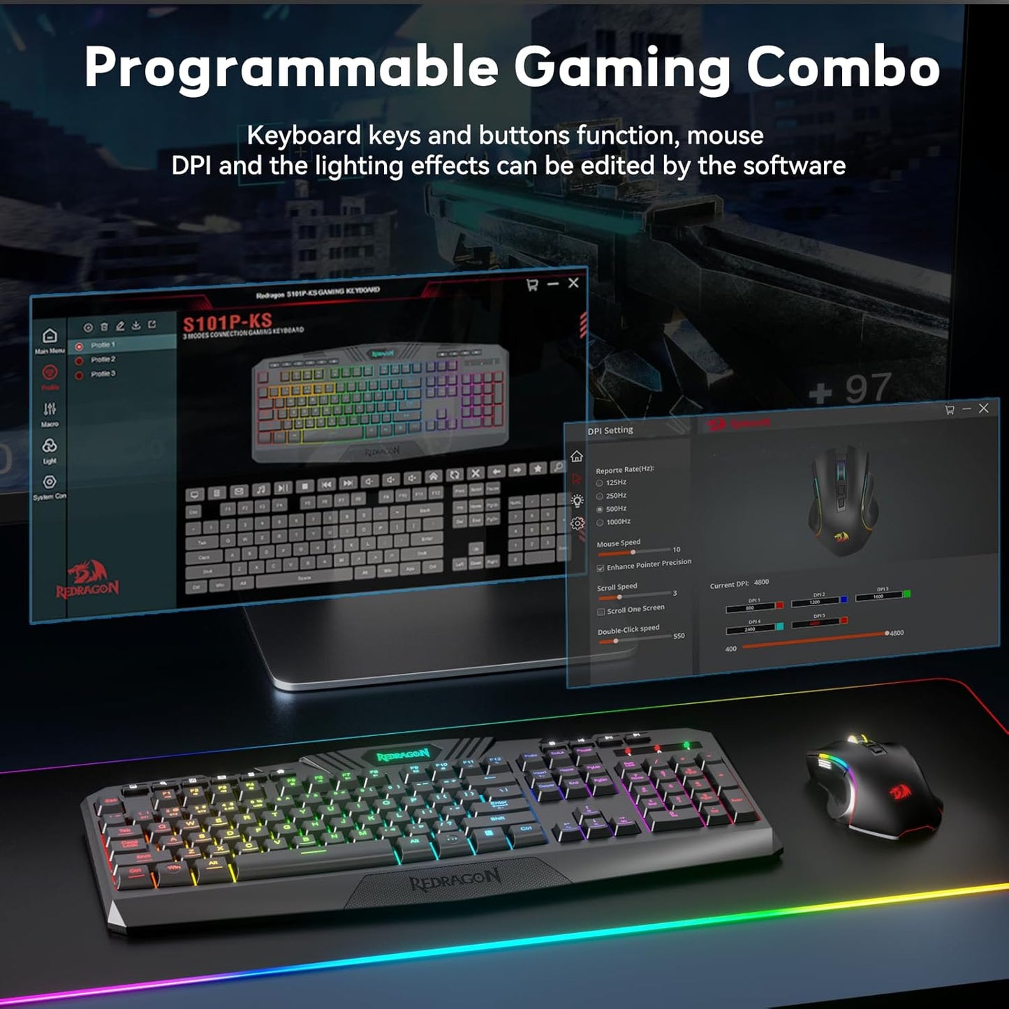 S101-PKS Gaming Keyboard and Mouse Wireless with Tri-Mode, RGB Keyboard and 4800 DPI Gaming Mouse, 10 Independent Multimedia Keys for Wins, PC, Computer, Wireless S101 Ideal for Gamer