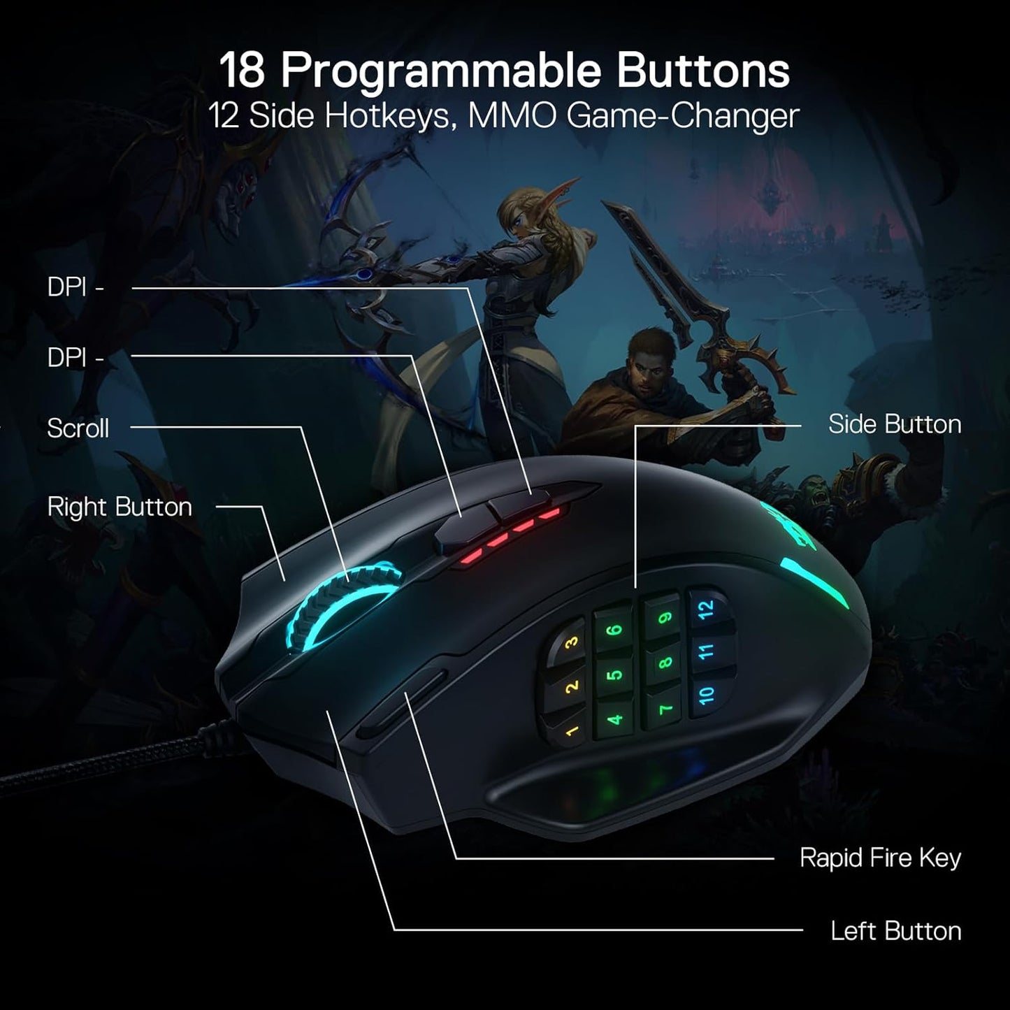 M908 Impact RGB LED MMO Gaming Mouse with 12 Side Buttons, Optical Wired Ergonomic Mouse with Max 12,400DPI, High Precision, 18 Programmable Macro Shortcuts, Comfort Grip