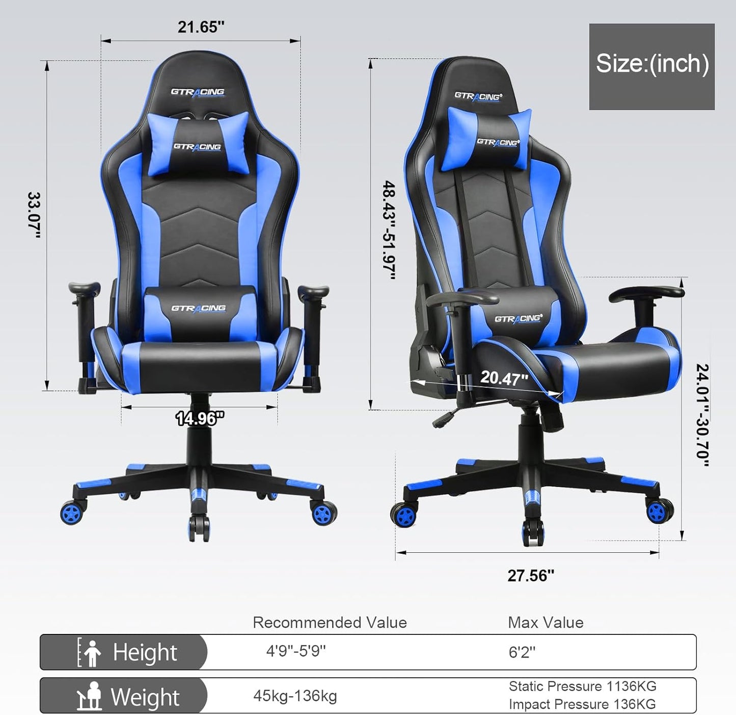 Gaming Chair with Speakers Bluetooth Music Video Game Chair Audio Ergonomic Design Heavy Duty Office Computer Desk Chair(Blue)