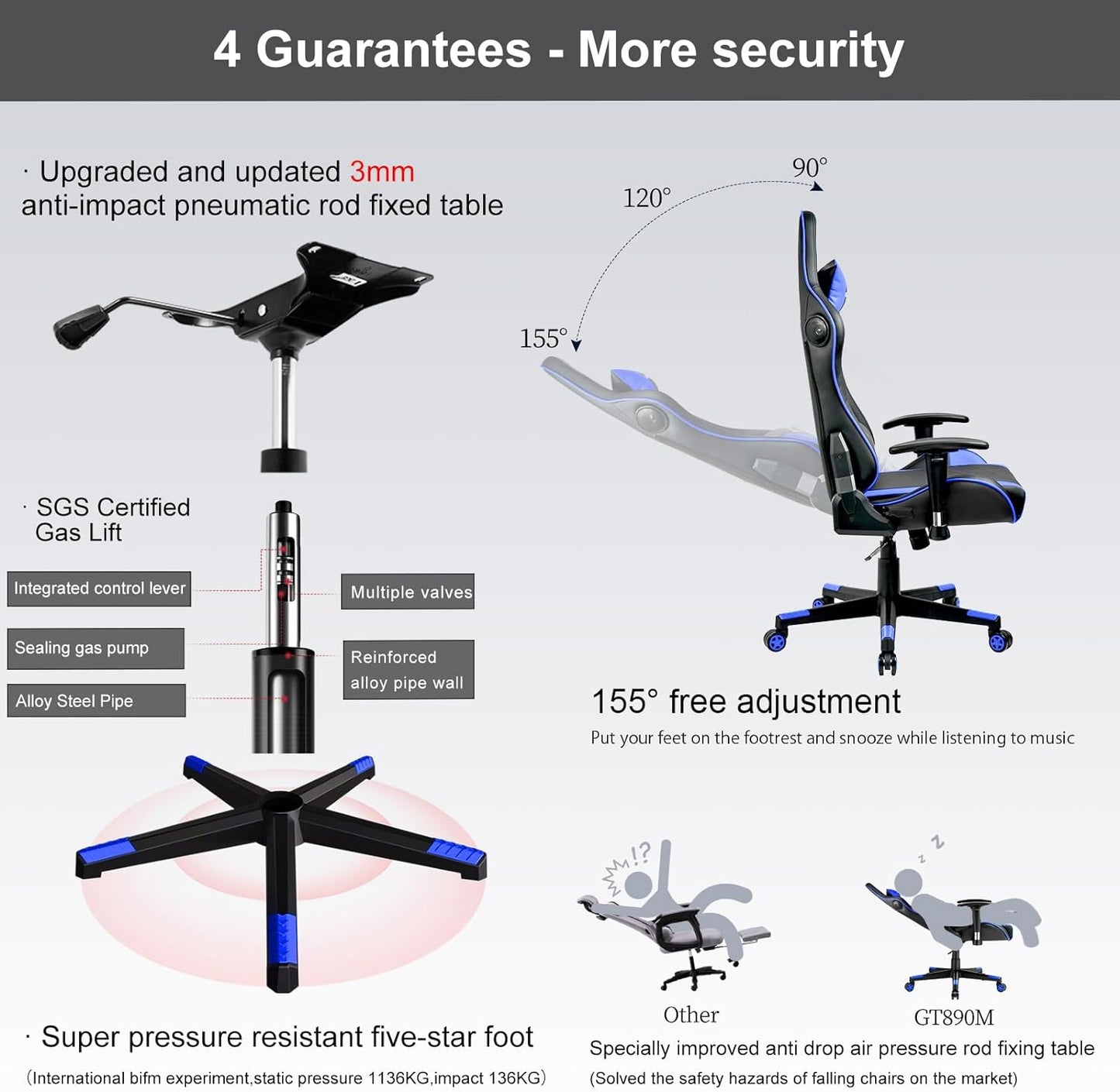 Gaming Chair with Speakers Bluetooth Music Video Game Chair Audio Ergonomic Design Heavy Duty Office Computer Desk Chair(Blue)