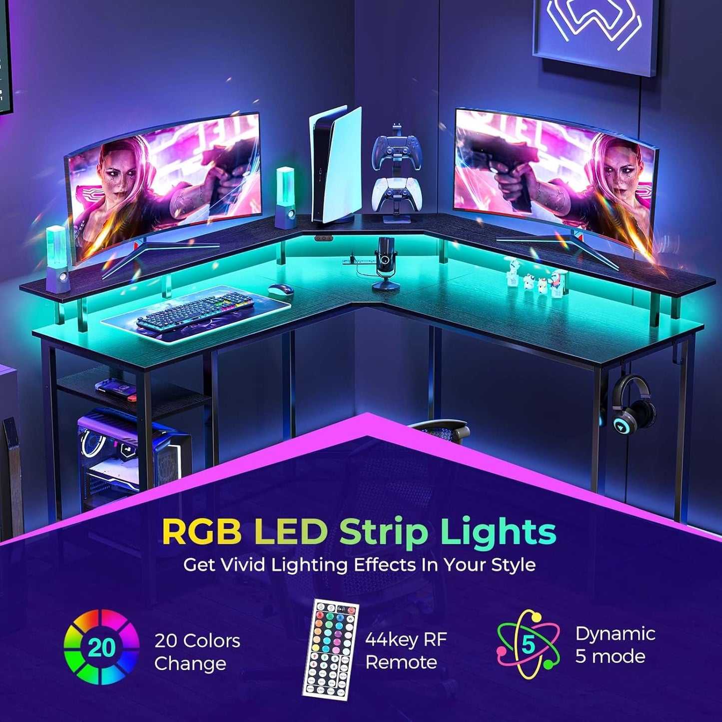 L Shaped Gaming Desk with LED Lights & Power Outlets, 53" Computer Desk with Full Monitor Stand & Storage Shelf, Corner Desk with Hooks, Carbon Fiber Desk Reversible