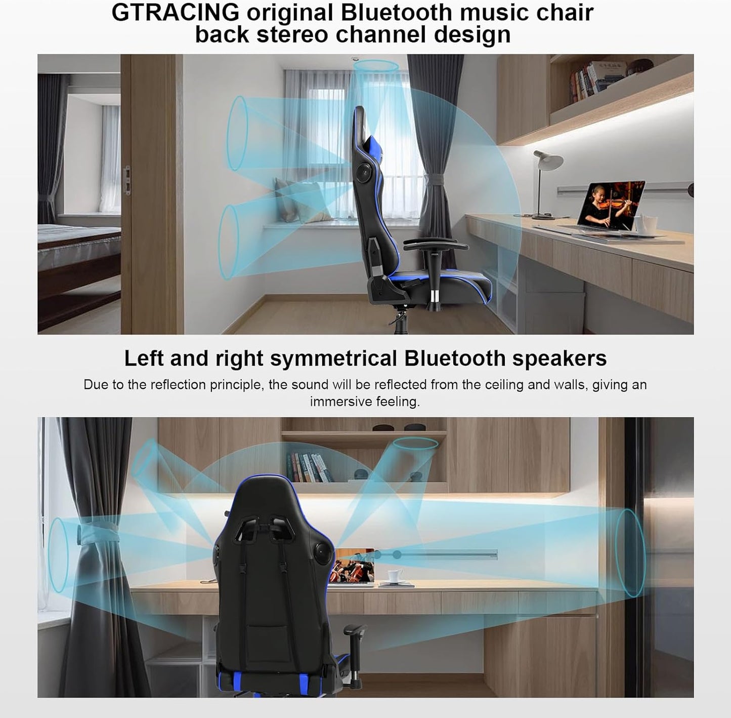 Gaming Chair with Speakers Bluetooth Music Video Game Chair Audio Ergonomic Design Heavy Duty Office Computer Desk Chair(Blue)