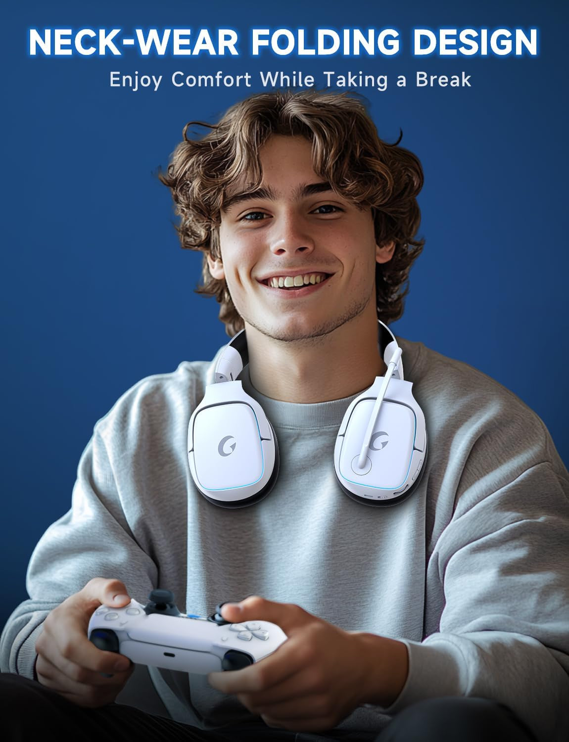 2.4Ghz Wireless Gaming Headsets for PS5, PS4, PC, Switch - Bluetooth 5.3 Gaming Headphones with Noise Canceling Mic, 7.1 Surround Sound, 70H Battery, Gaming Lighting - White