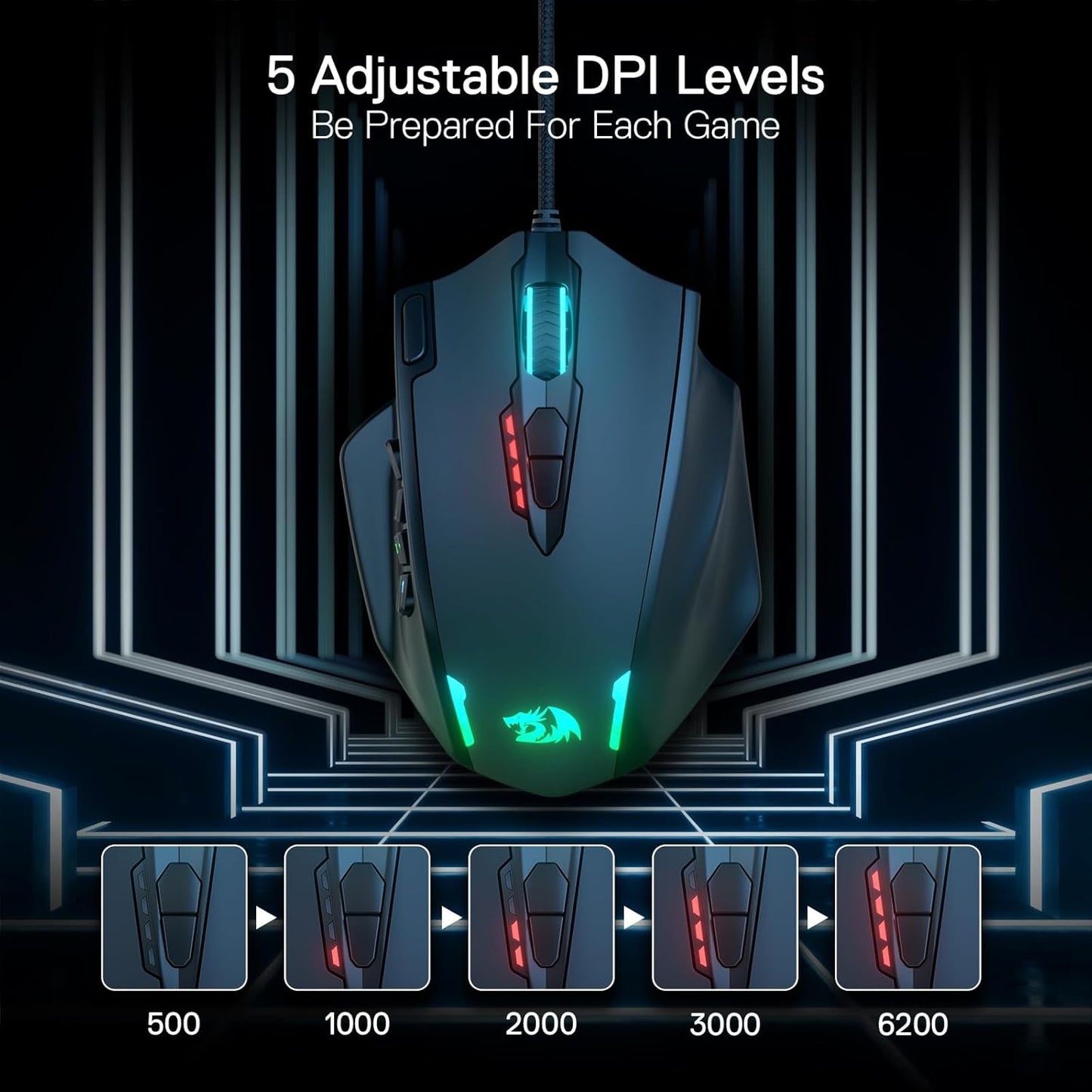 M908 Impact RGB LED MMO Gaming Mouse with 12 Side Buttons, Optical Wired Ergonomic Mouse with Max 12,400DPI, High Precision, 18 Programmable Macro Shortcuts, Comfort Grip