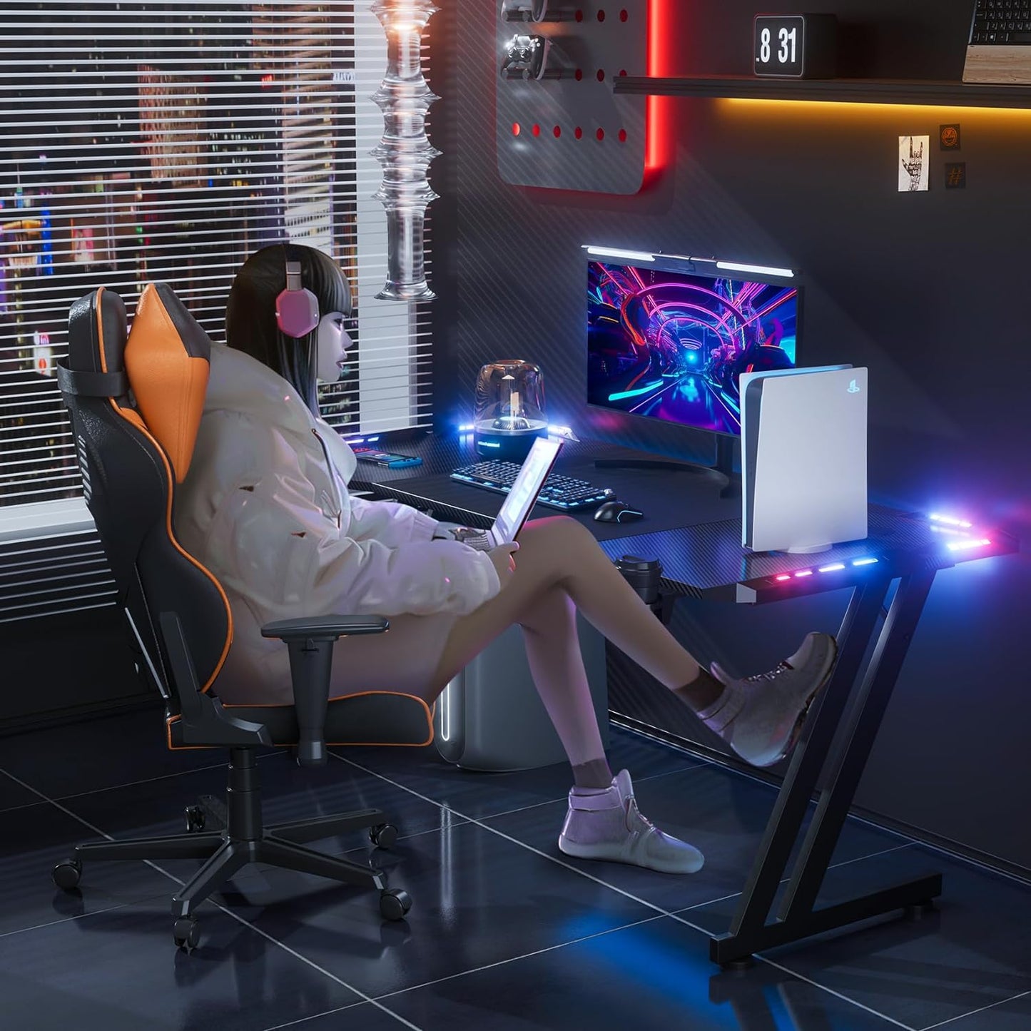 47 Inch Gaming Desk with LED Lights Carbon Fibre Surface Gaming Table Large Computer Desk Ergonomic Home Office Desks Z Shaped PC Gamer Workstations with Cup Holder & Headphone Hook
