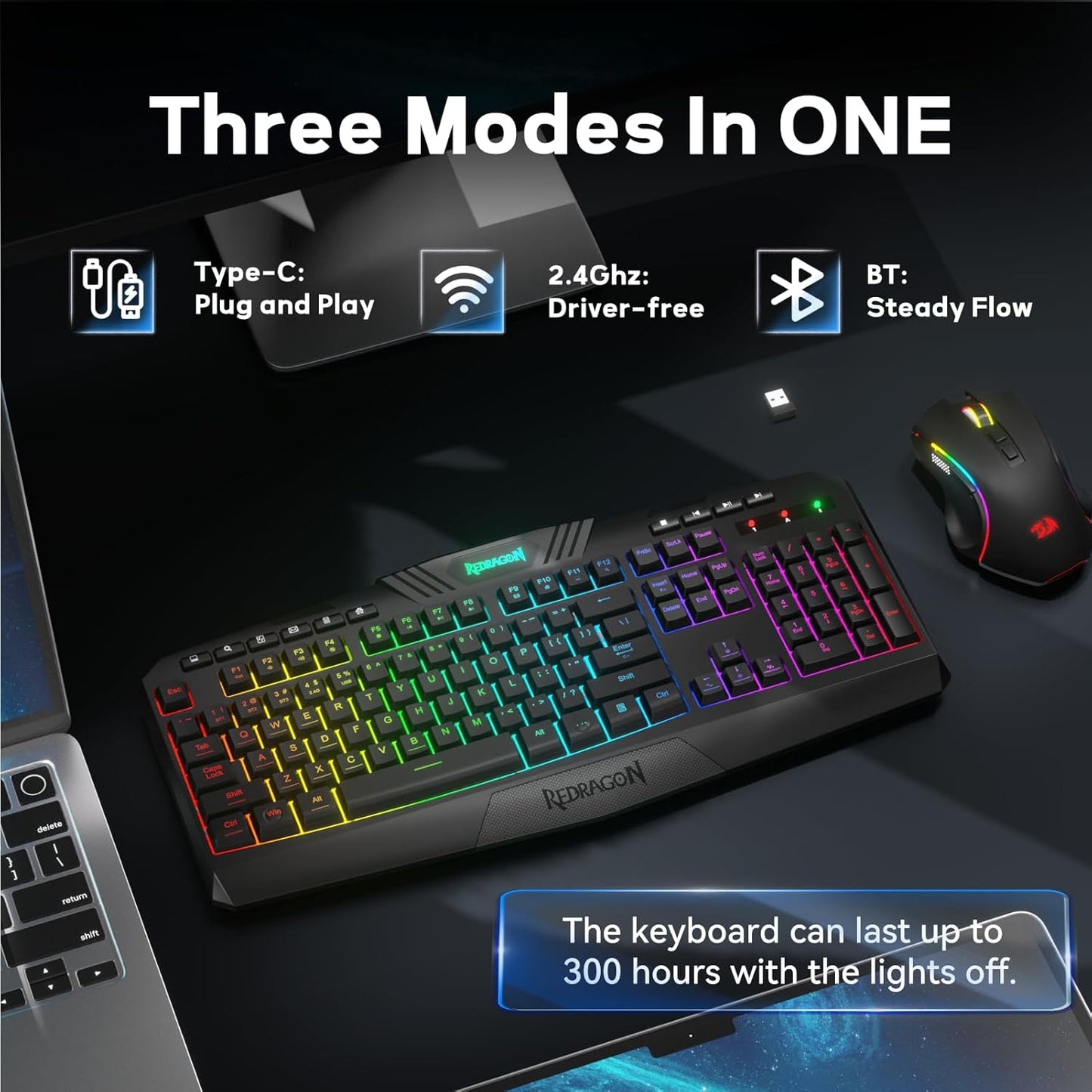 S101-PKS Gaming Keyboard and Mouse Wireless with Tri-Mode, RGB Keyboard and 4800 DPI Gaming Mouse, 10 Independent Multimedia Keys for Wins, PC, Computer, Wireless S101 Ideal for Gamer