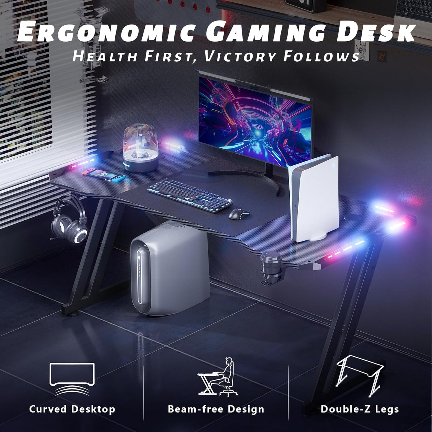47 Inch Gaming Desk with LED Lights Carbon Fibre Surface Gaming Table Large Computer Desk Ergonomic Home Office Desks Z Shaped PC Gamer Workstations with Cup Holder & Headphone Hook