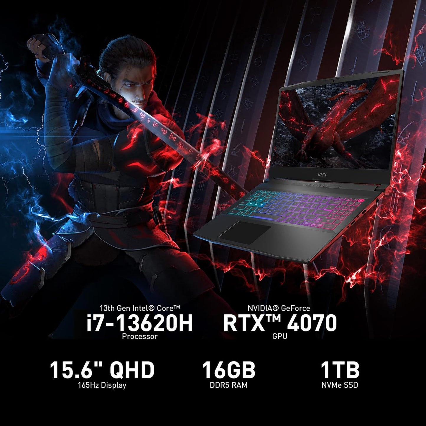 Katana 15 15.6” 165Hz QHD Gaming Laptop: Intel Core I7-13620H, NVIDIA Geforce RTX 4070, 16GB DDR5, 1TB Nvme SSD, Cooler Boost 5, Win 11: Black B13VGK-2000US