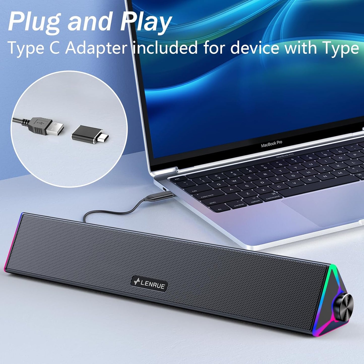 Computer Speakers for Desktop,Pc Speakers with Single USB for Power and Stereo Sound,Touch Lights Gaming Speakers Sound Bar for Desktop PC Monitor Laptop(Usb-C Adapter Included)