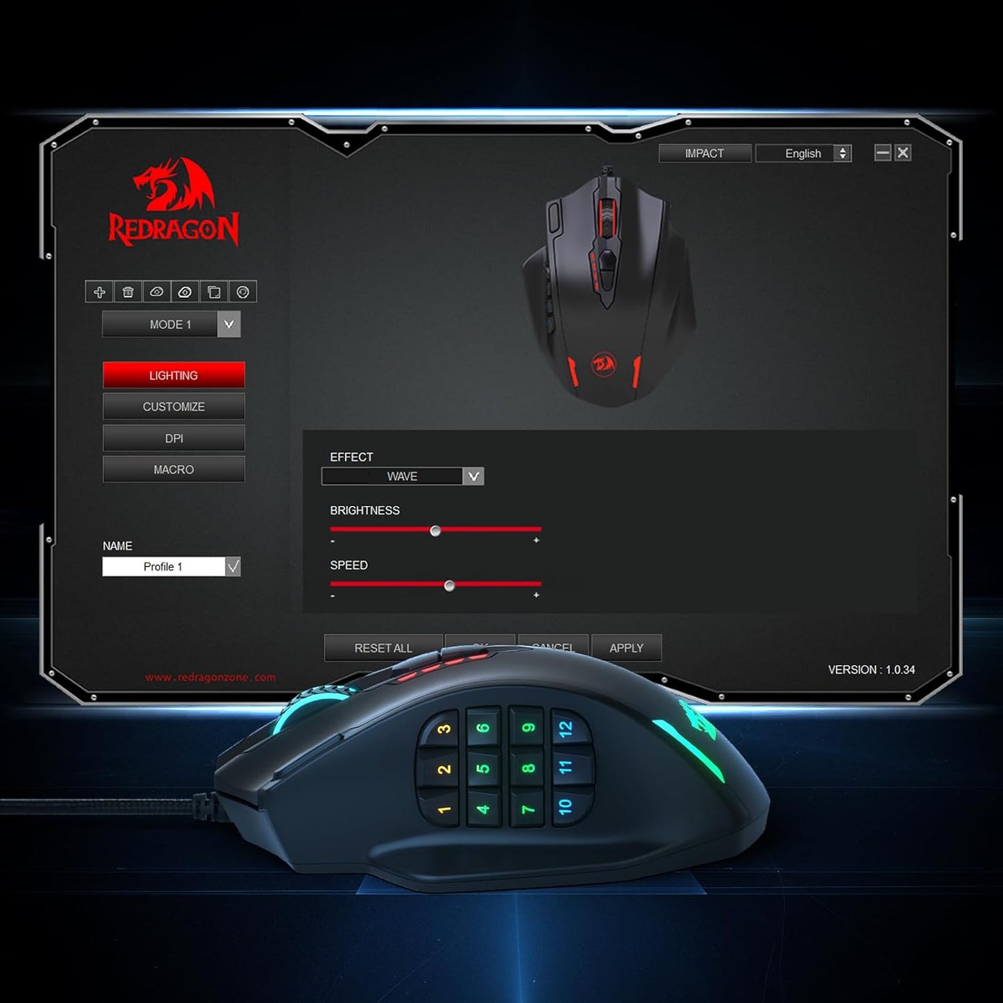 M908 Impact RGB LED MMO Gaming Mouse with 12 Side Buttons, Optical Wired Ergonomic Mouse with Max 12,400DPI, High Precision, 18 Programmable Macro Shortcuts, Comfort Grip
